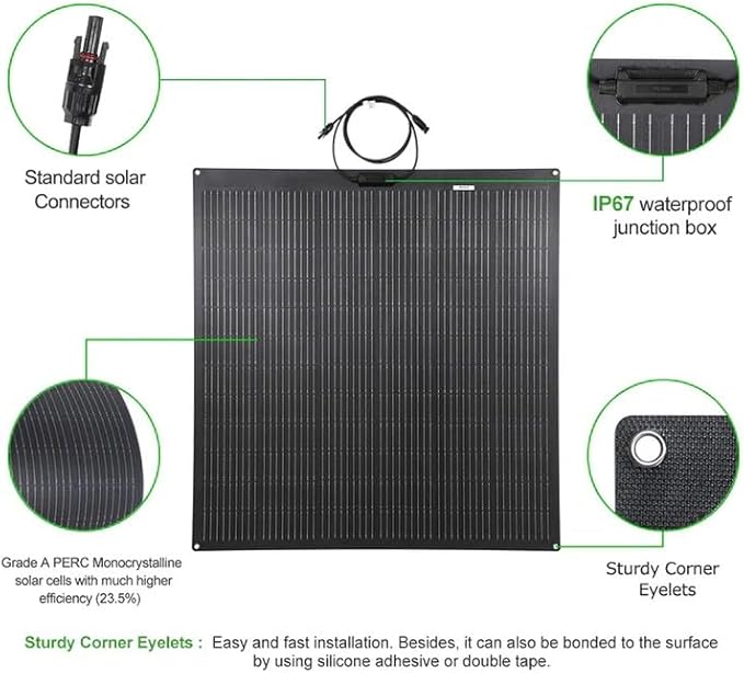 LensunSolar Flexible Solar Panel 200W 12V ETFE 9BB43.7in x 34.9in Semi-Flexible Bendable Mono Solar Panel 200 Watt for RV Van Roof TopCamping Home Boat Marin