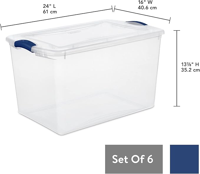 K&ampJ CHIPMUNK Storage Container Bin Storage Tote 64 Quart Clear Plastic Stackable Latch Box Tote with White Latching Lid Organizing Solution for Home &amp Classroom Blue Eclipse 6 Pack