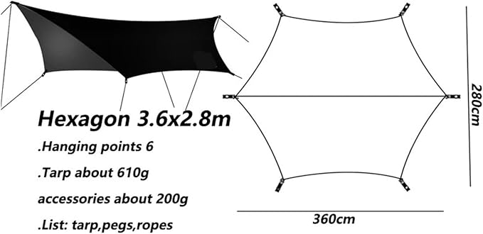 210t Polyester Ultralight Outdoor Camping Black Silver Coating Square Hexagon Sun Shelter