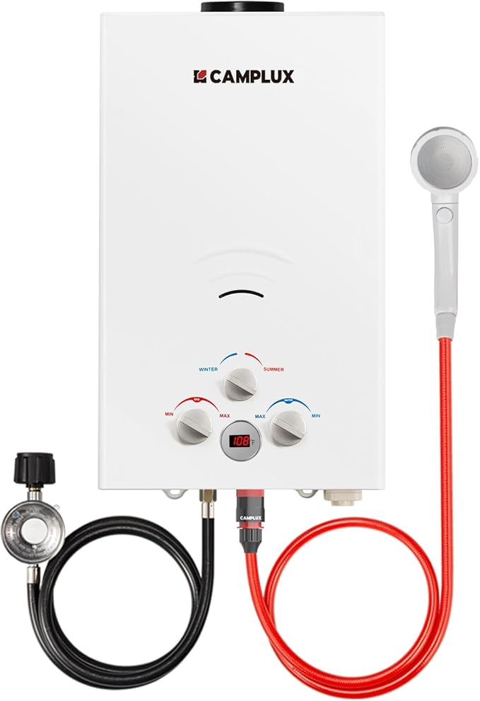 CAMPLUX Tankless Water Heater Propane 2.64GPM Portable Water Heater for Off Grid Camping BW264 White