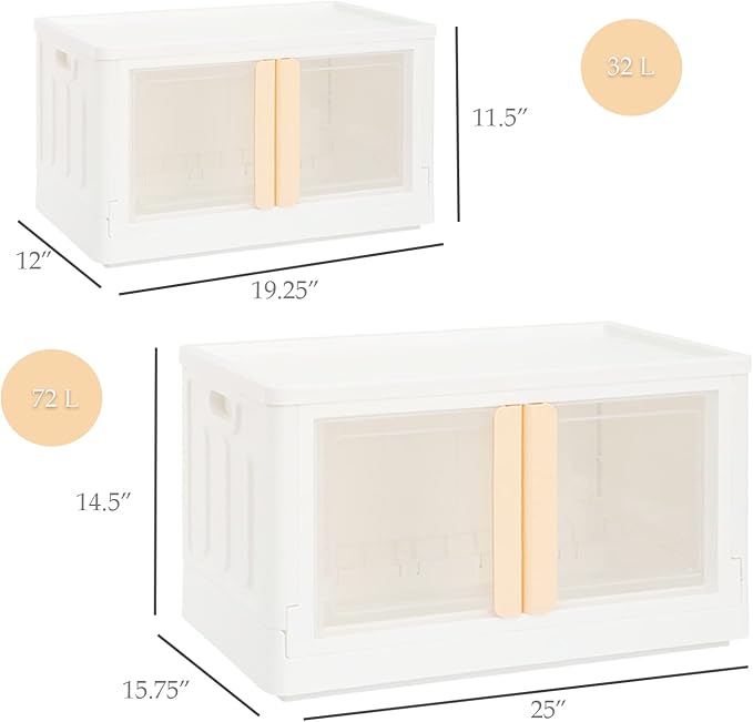 Folding and Stackable Container with Doors and Handles | Storage Container | Storage Organizer | Storage Totes | Trunk Organizer 72 Liter Set of 2 White&ampCream Handle