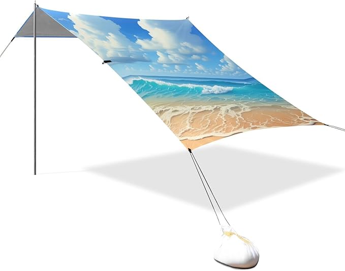 Beach Canopy with Windproof Ropes &amp Sandbags Beach Tent Sun Shade Sun Shelter for Camping Trips Fishing Backyard Fun or Picnics Beach