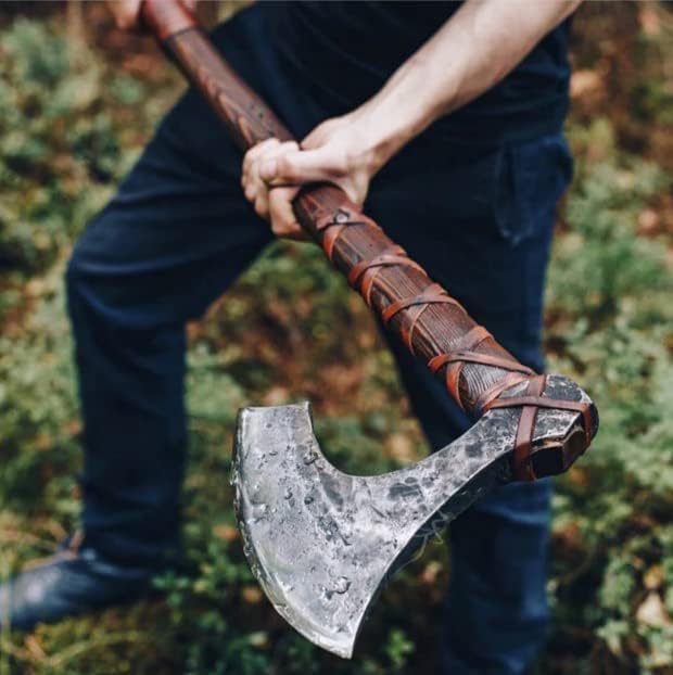 Qepaa Crafts® Handmade Viking Axe – 38 Two-Handed Bearded Norse Axe with Sheath – Forged Steel Berserker Hatchet for Throwing Chopping Camping Gifting(THA)