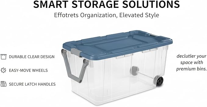 160 Quart Extra Large Clear Rolling Storage Bins 2-Pack Blue Heavy-Duty Plastic with Locking Leakproof Lid for Garage Basement Seasonal Storage &amp Transport
