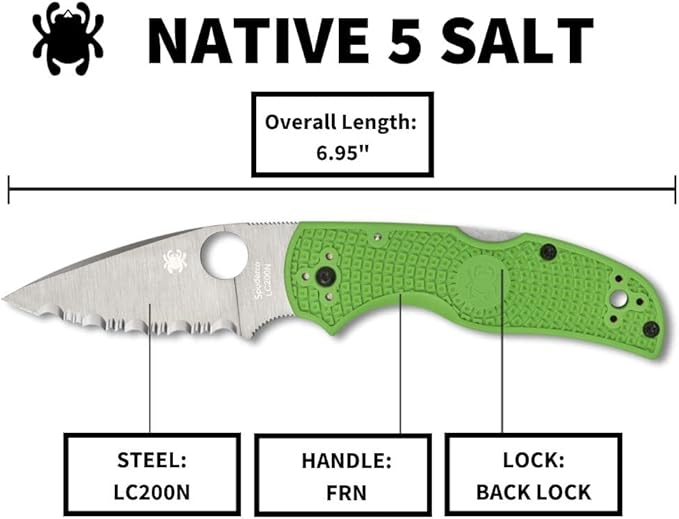 Spyderco Native 5 Lightweight Salt Folding Knife with 2 LC200N Steel Blade and Green FRN Handle - EDC Knife for Men and Women Perfect for Hunting Tactical Camping Survival - SpyderEdge - C41SGR5