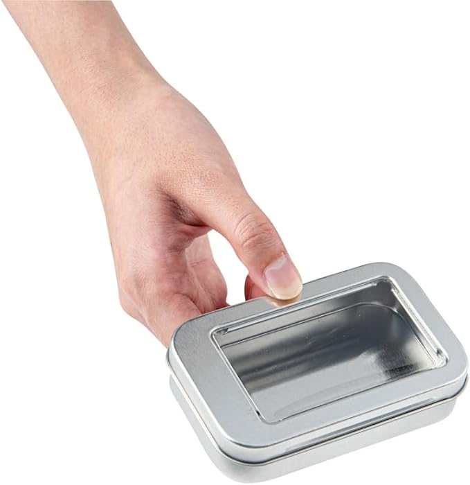 Restaurantware-RW Base 4.5 Ounce Rectangular Tin Containers 100 Durable Tin Boxes With Lids - Clear Window Lids Rounded Edges Silver Storage Containers Customizable Fits Mints Or Pills