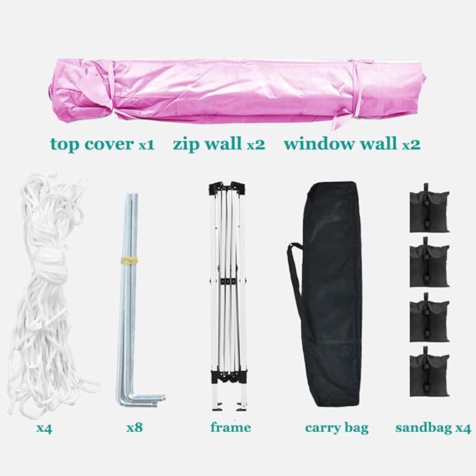 10'x10' Folding Canopy with 4 Removable Sidewalls Outdoor Event Shelter UPF 50+ Gazebo Portable Tents for Parties Beach Camping Wedding EZ Pop Up Canopy Weight Bag + Carry Bag (Pink)