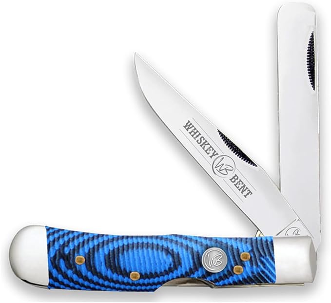 WHISKEY BENT HAT CO. Trapper &amp Locking Bullcutter Folding Pocket Knife 4.125 Closed Length 440C Stainless Steel Blades (Blue Burst)