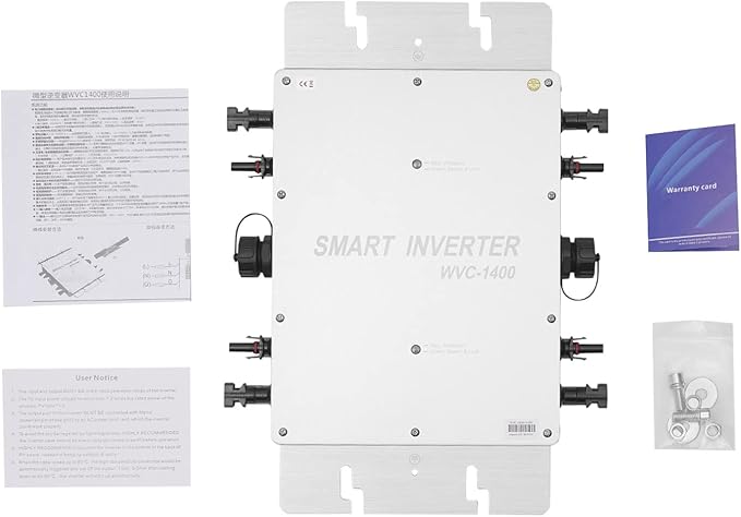 1400W Micro Inverter Grid Tie Solar Inverter MPPT Pure Sine Wave Automatic Identification Power Inverters IP65 Waterproof Self-Cooling for 30V/36V Solar Panels Silver