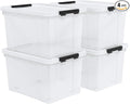 Set of 4 50 L Stackable Plastic Storage Container with Latching Lids and Wheels Clear Home Garage Organization Bins Box See-Through