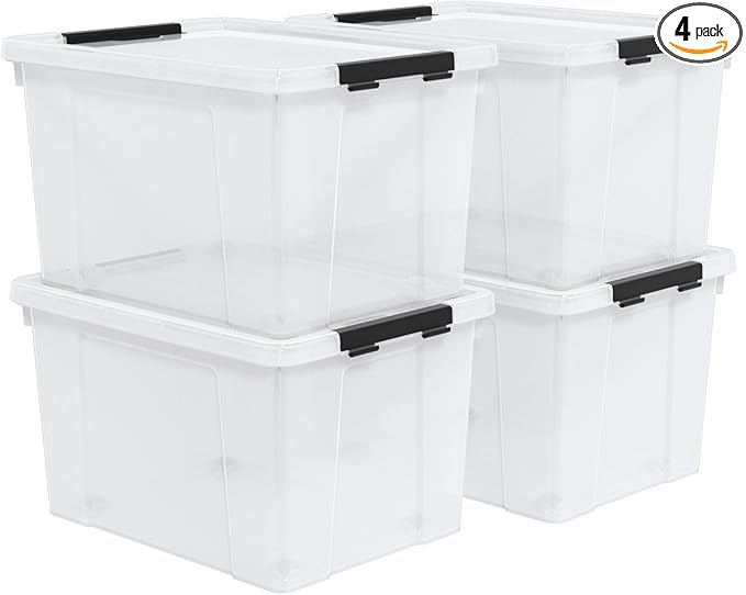 Set of 4 50 L Stackable Plastic Storage Container with Latching Lids and Wheels Clear Home Garage Organization Bins Box See-Through