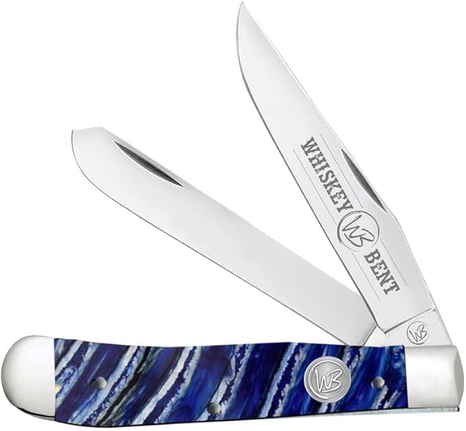 WHISKEY BENT HAT CO. Traditional Trapper Folding Pocket Knife 4.125 Closed Length 440C Stainless Steel Blades (Blue Mammoth)