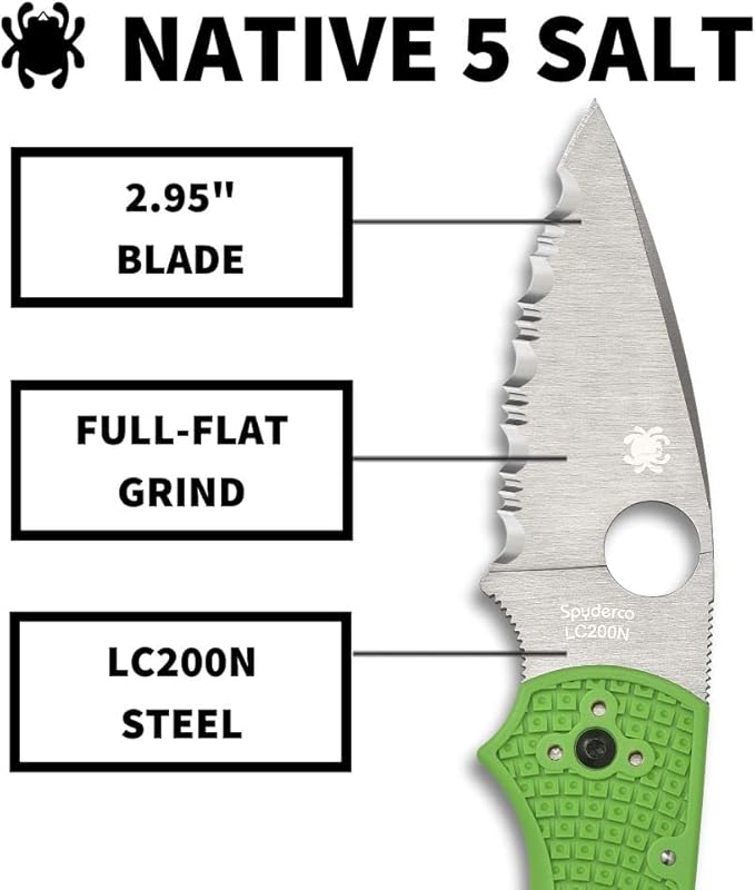 Spyderco Native 5 Lightweight Salt Folding Knife with 2 LC200N Steel Blade and Green FRN Handle - EDC Knife for Men and Women Perfect for Hunting Tactical Camping Survival - SpyderEdge - C41SGR5