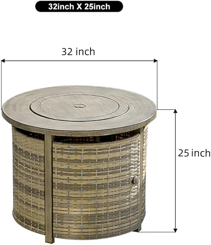 OutVue 32 inch Propane Fire Pit TableWicker Gas Fire Pits Table with Lid &amp Lava Rocks 50000 BTU Round Propane Firepit for Outside Fire Table for DiningParty PatioYard