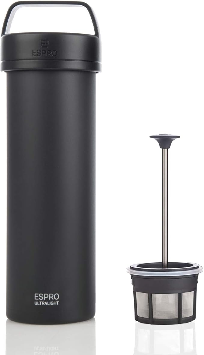 ESPRO Go P0 Ultralight French Press Coffee Maker for Travel Vacuum Insulated Stainless Steel 16 Ounces Matte Meteorite Black
