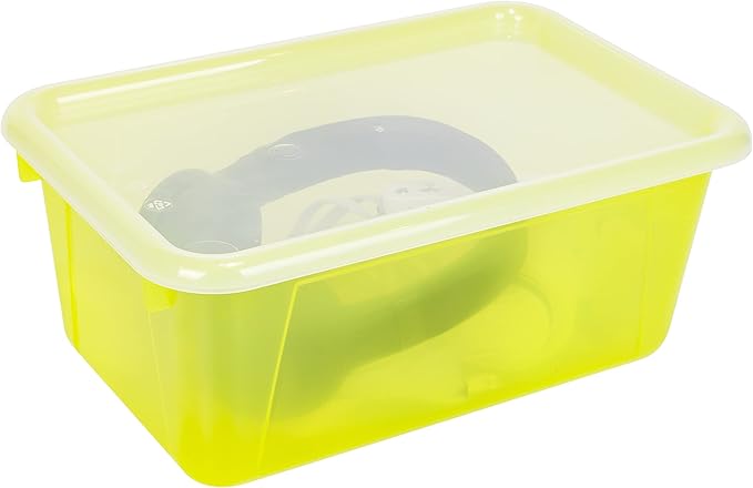 Storex Small Cubby Bins – Plastic Storage Containers for Classroom with Non-Snap Lid 12.2 x 7.8 x 5.1 inches Tint Yellow 5-Pack (62482A05C)