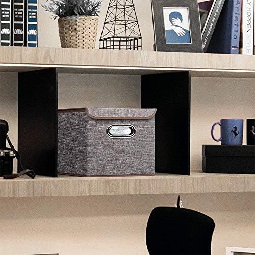 Storage Bin [Set of 4] Linen Fabric Foldable Container with Lid Collapsible Organizer Boxes Cubes - 10 x 10 x 10 Inches (Gray)