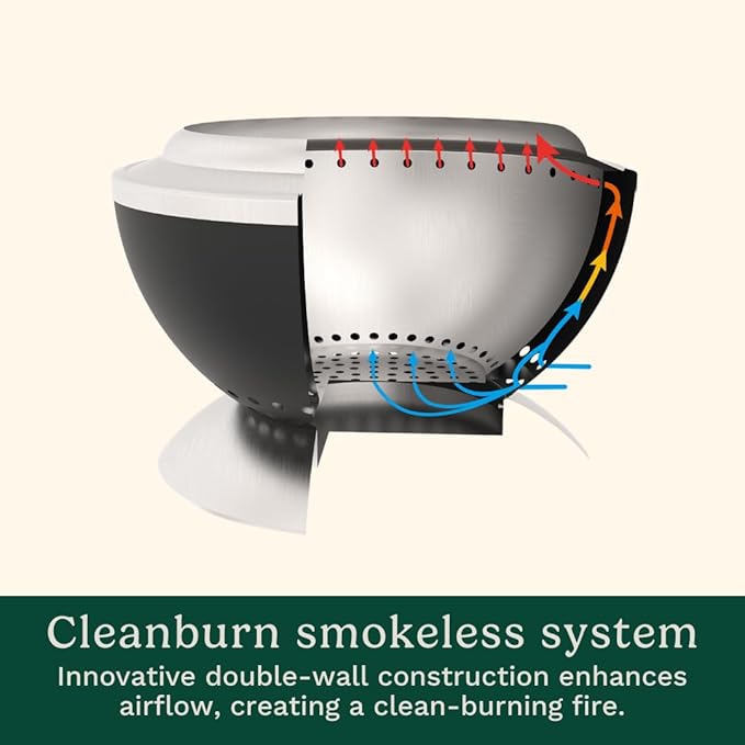 Cuisinart 24” Cleanburn Smokeless Fire Pit with Removable Base for Ash Portable Wood Burning Outdoor Fireplace Stainless Steel Smoke Free Outdoor Heater Enhanced Airflow and Easy Cleanup
