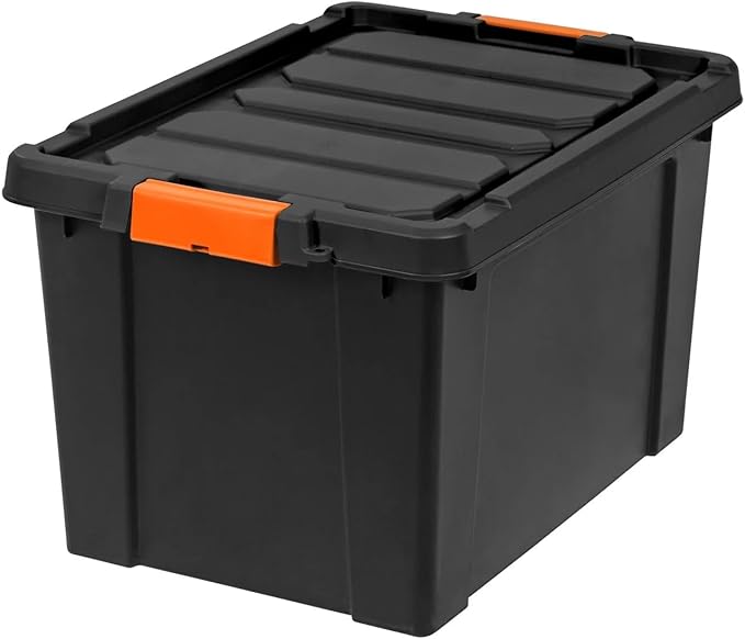 76Qt/19 Gal. Heavy Duty Plastic Storage Bins with Lockable Lids - Stackable Latching Totes for Tools Seasonal Items Sports Equipment Black