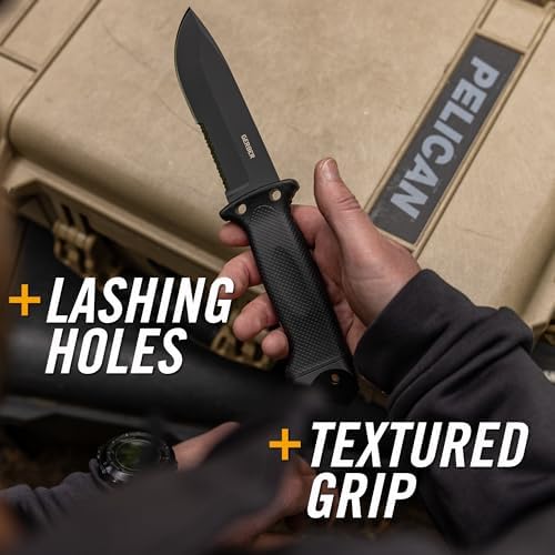 Gerber Gear LMF II Infantry Survival Knife Made in USA Military Grade Tactical Fixed Blade with Serrated Edge Shock Absorbing Handle Molle Sheath and Sharpener Coyote Brown