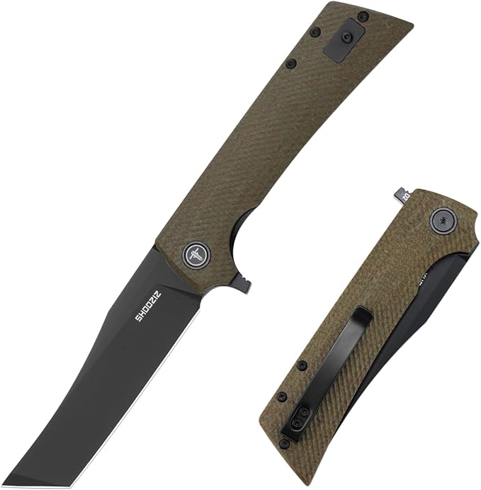 XUN112-GMB Folding EDC Knife with Flipper Open3.55 Inch D2 Steel PVD Tanto Plain Edge BladeMicarta with ClipEveryday Carry Pocket Knife for Men/Women
