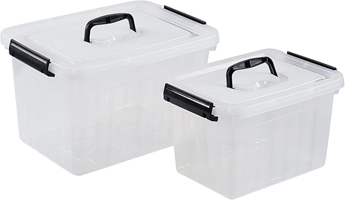 Ggbin Clear Plastic Latch Storage Box with Handle 6 Quart &amp 12 Quart Lidded Storage Container 2 Packs