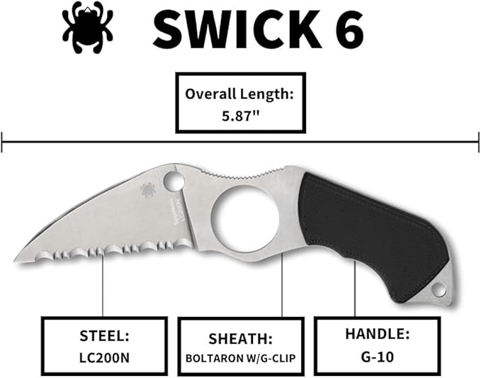 Spyderco Swick 6 Fixed Blade Knife with 2.7 LC200N Steel Blade and G-10 Handle - EDC Knife for Men and Women Perfect for Hunting Tactical Camping Survival Hiking - SpyderEdge - FB14S6