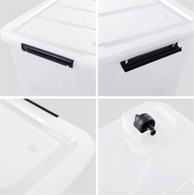 Xyskin Large Storage Bin with Buckle Down Lid Clear Plastic Storage Organizer Container with Wheels 70 L 4 Pack