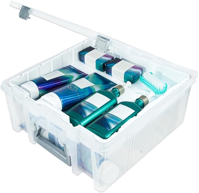 Best Kept Super Satchel Double Deep with Lift-Out Tray and Removable Dividers Stackable Home Storage Organization Container Clear with Sliver Latches and Handle