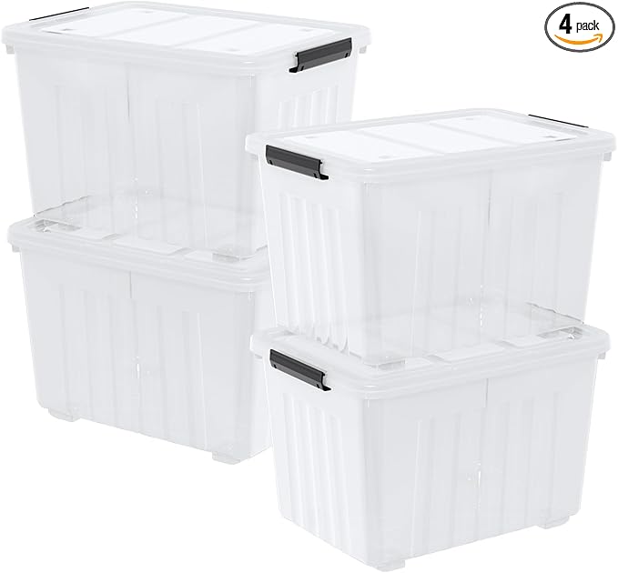 4 Packs Large 70 L Plastic Stackable Storage Bins with Wheels and Latching Lid Clear Storage Container Tote