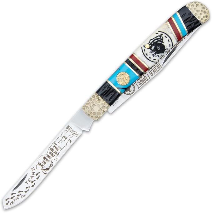 Trapper Knife - Trail of Tears | Pocket Knife for Men | Native American Collectible | 440 Stainless Steel Blades | Bone Handle Scales | Hammered Bolsters | Serialized &amp Limited Edition | Closed 4