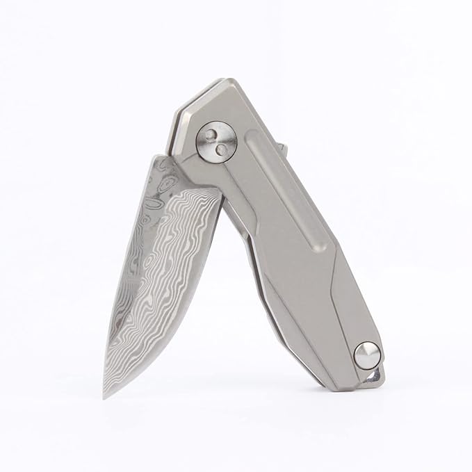 Samior HY002 Ultra Small Little Folding Pocket Flipper Knife 1.3” VG10 Damascus Blade Gray Titanium Handle Frame Lock Mini EDC Keychain Necklace Knives 0.9oz
