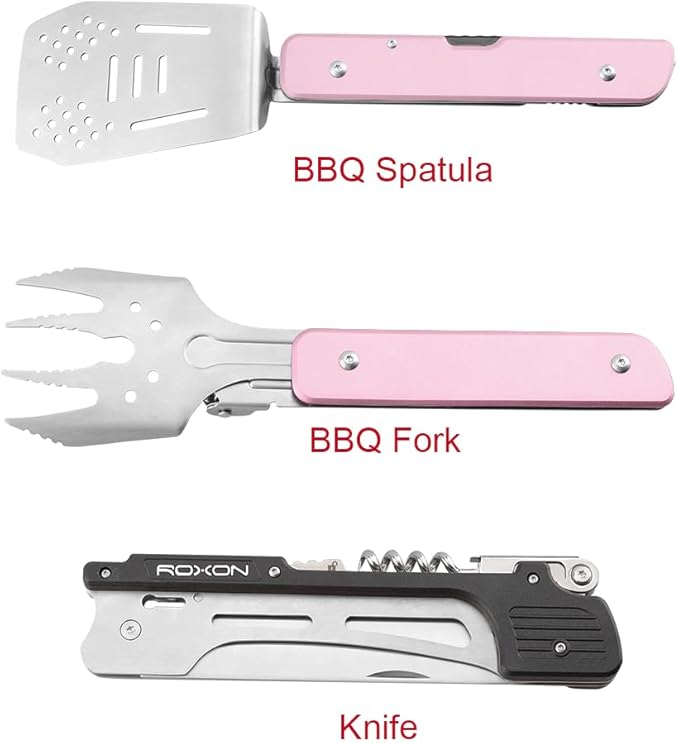 ROXON S601 14 6 in 1 MBT3 Folding Grill Utensils Set Fork Spatula Grilling Knife Tongs Opener for Backyard Barbecue and Camping (Pink)