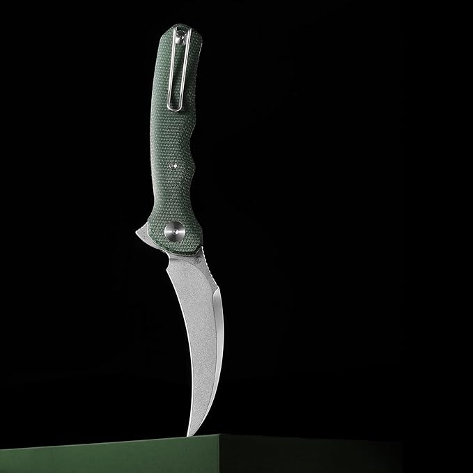 TRIVISA knives - Lacerta-04G |Hawkbill Folding Knife for Men EDC Pocket Pikal Knife with Reversible Wire Clip 3.34 Stone Wash 14C28N Steel Flipper Blade &amp Micarta Handle
