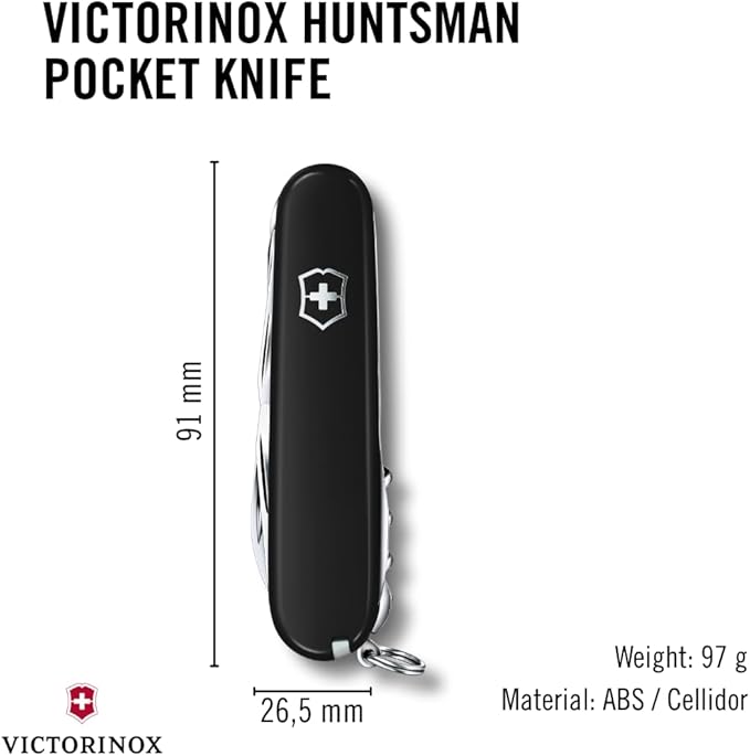 Victorinox Huntsman Swiss Army Knife 15 Functions Swiss Made Pocket Knife with Large Blade Screwdriver Scissors and Wood Saw - Black