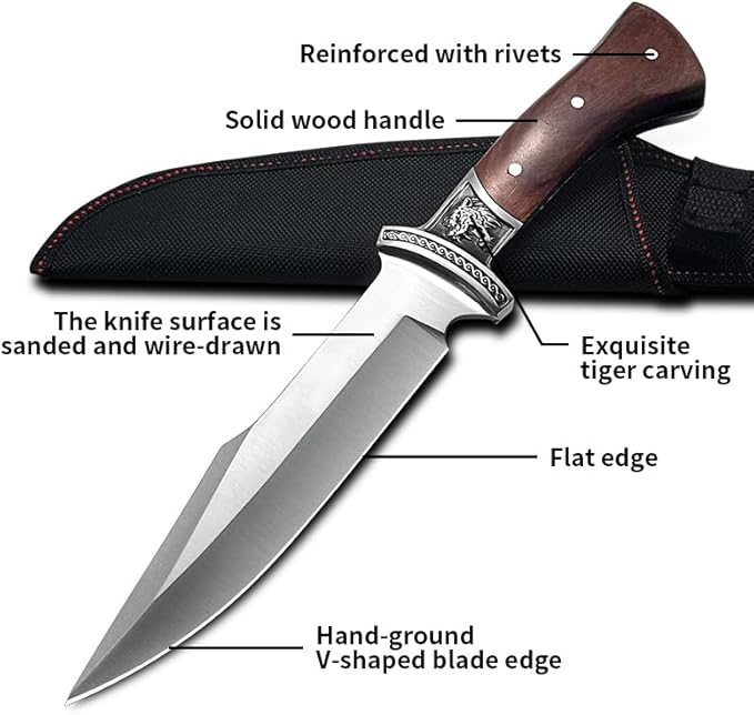 12 Fixed Blade Outdoor Knife with Nylon Sheath 6.3 9Cr18 Stainless Steel Full Tang Hunting Knife Ergonomic Solid Wood Handle with Wolf Head Relief Guard for Camping Survival &amp Fishing