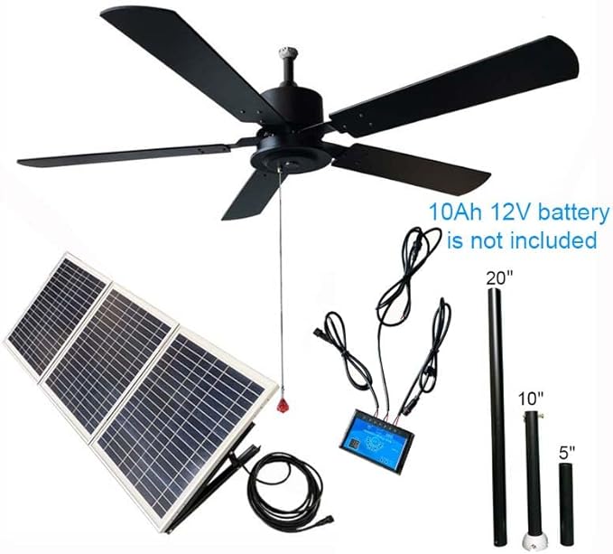 Outdoor 52 solar ceiling fan with wooden blades total 60W solar panel for porches patios gazebos breezeways (Day/Night operation version battery not included 20 inch downrod)