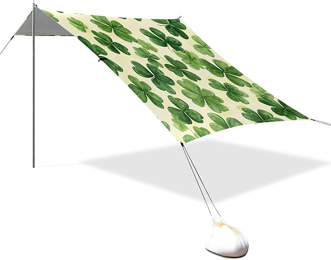 St Patrick Clovers Green Beach Tent Sun Shelter Set UPF50+ UV Protection 10.5 x 9.19 FT Camping Shade Canopy with Sandbags Sand Anchors Carrying Bag and Others