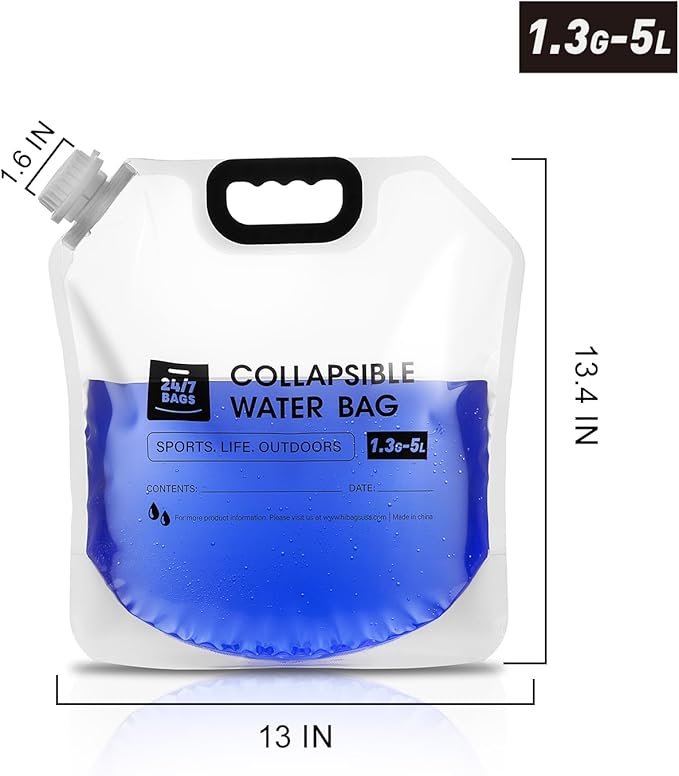 24/7 BAGS 8 Pack Collapsible Water Container Bag 1.3 Gallon/5 Liter Heavy Duty with Carry Handles Hikes Trips Weather Emergencies and More Foldable Water Bag