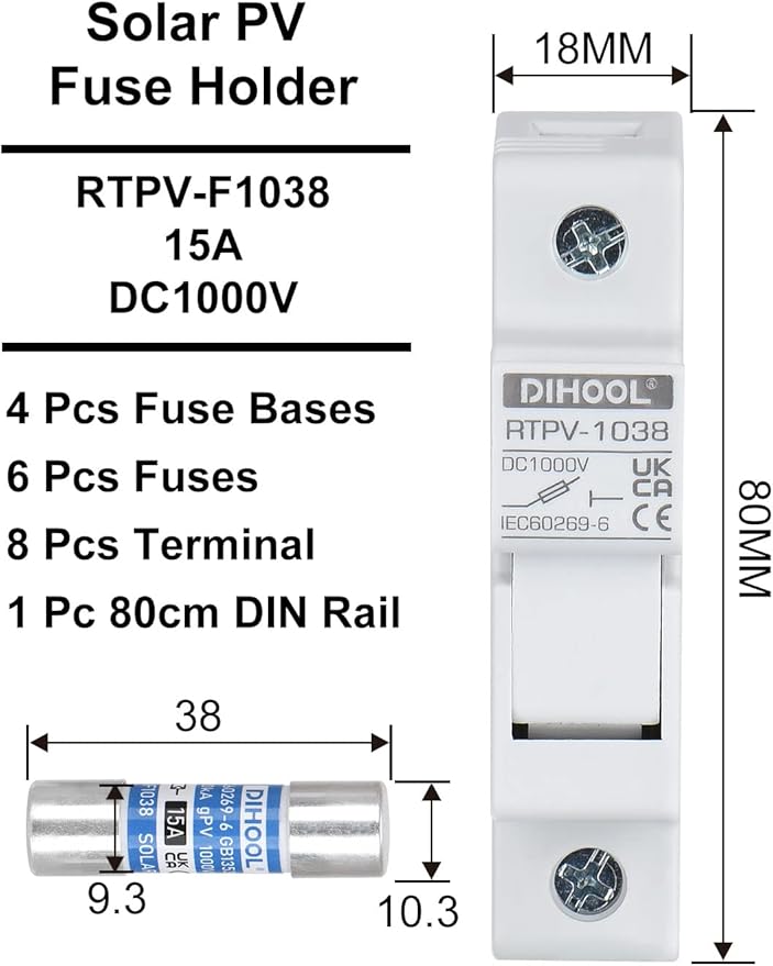 DIHOOL 15 Amp Inline Fuse for Solar Connector 4pcs Solar fuses Holder DIN Rail Solar Panel Fuse