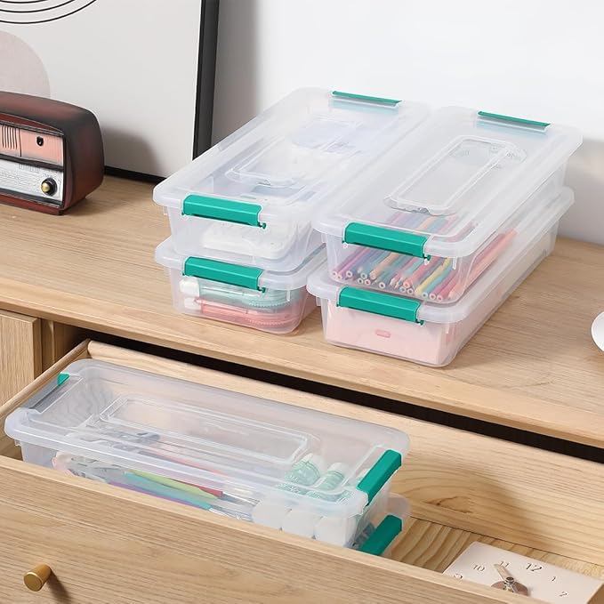 Plastic Storage Containers Clear Craft Storage Bins with Grey HandleOrganizer Box with Durable Lids Stackable Containers for Organizing Craft and Tools (8 Pack-4 Quart Green)