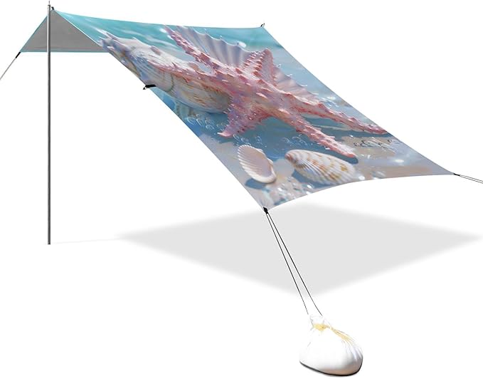 ALAZA Pink Starfish and Seashell Blue Sea Beach Tent Sun Shelter Portable Canopy Sunshade for Outdoor Camping Picnics Backyard Fun 10x9 ft