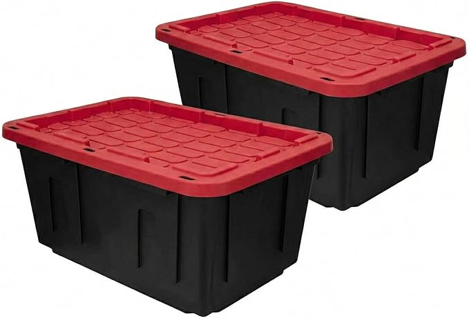 27 Gallon Storage Bin with Lid Heavy Duty Plastic Storage Tote Black and Red Stackable Storage Container for Indoor Outdoor Use Plastic Totes with Lids for Storage (2 Pack)