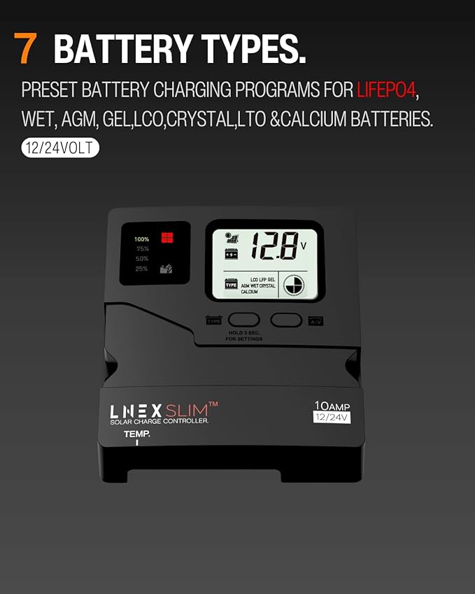 LNEX Solar Charge Controller 5 Stage Intelligent Battery Regulator with LCD Display 12V/24V PWM Solar Controller for LiFePO4 AGM Gel Flooded and Lithium Battery (10A)