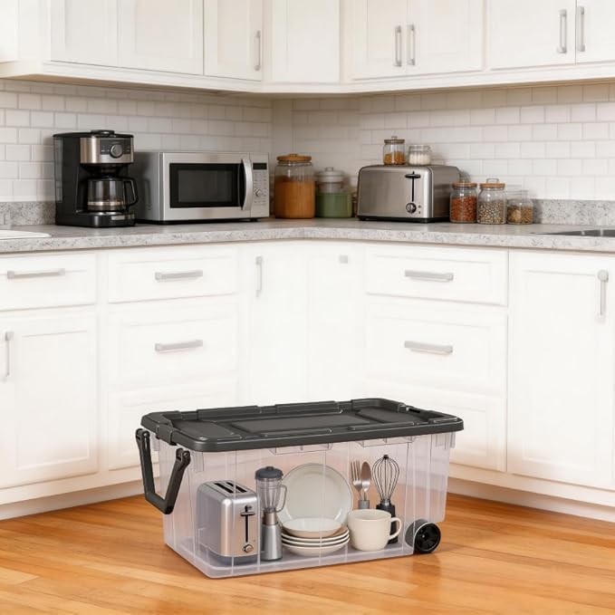 160 Quart Wheeled Stacker Extra Large Durable Clear Bin Latch Lid and Pull Handle Gray 2 Count