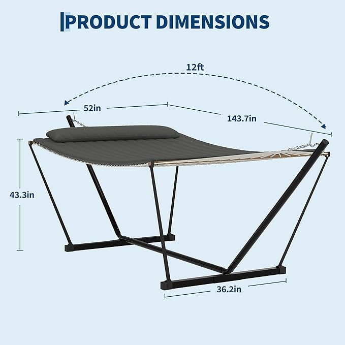 Hammock with Stand 2 Person Heavy Duty Hammock with Soft Pillow &amp Balance Ropes Stand Alone Hammock Portable Outdoor Hammock for PatioBeach Backyard(Grey