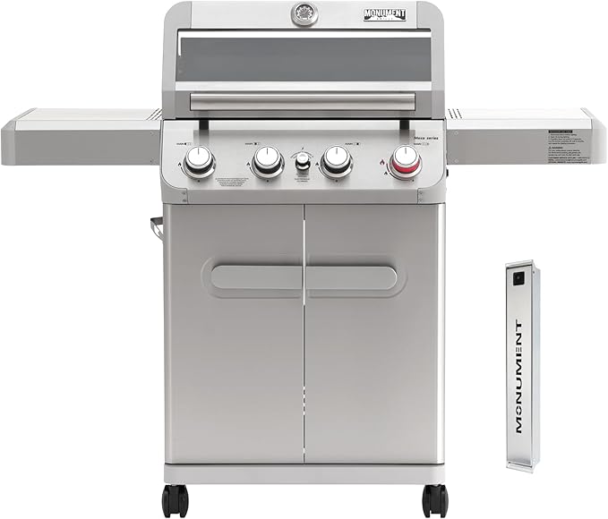 Monument Grills 4 Burner Propane Gas Grill Stainless Steel Outdoor Patio Barbecue Grill with Smoker Box with Broil Zone Fast Heating Knob Control and Easy Cleanup M410MBZ