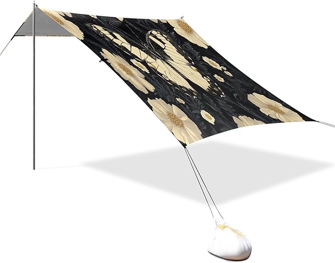 Butterfly and Flowers White Beach Tent Sun Shelter Set UPF50+ UV Protection 10.5 x 9.19 FT Camping Shade Canopy with Sandbags Sand Anchors Carrying Bag and Others