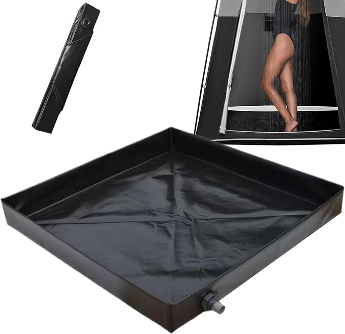 Camping Shower Mat 41x41'' Collapsible Shower Base with Wrapped Edges Rapid Drainage Waterproof Pan with Heavy Duty Bottom for Outdoor Camping