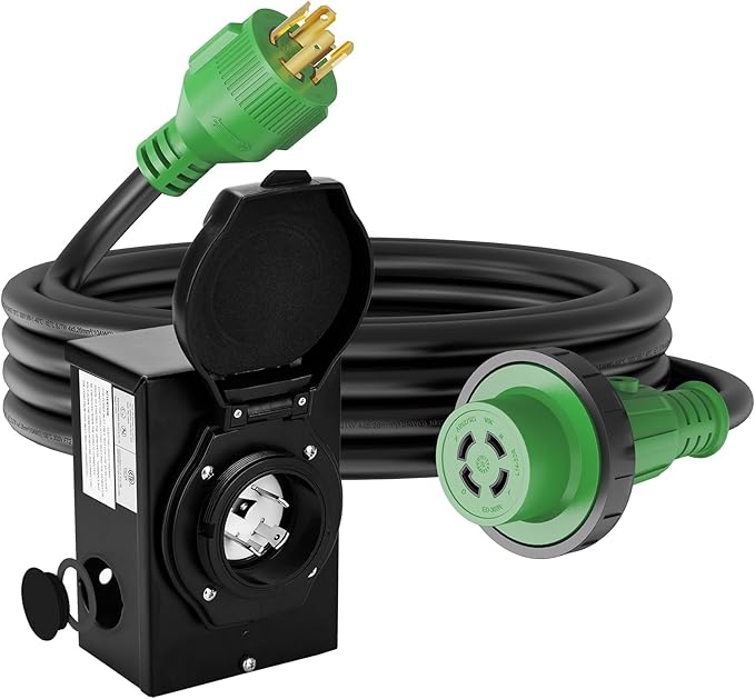 RVGUARD Emergency Power Combo Kit 25 Foot 30 Amp Generator Cord and Power Inlet Box NEMA L14-30P to L14-30R Generator Cord with NEMA L14-30P Pre-Drilled Generator Inlet Box ETL Listed